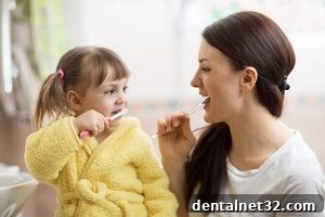 Family dentist helping a child