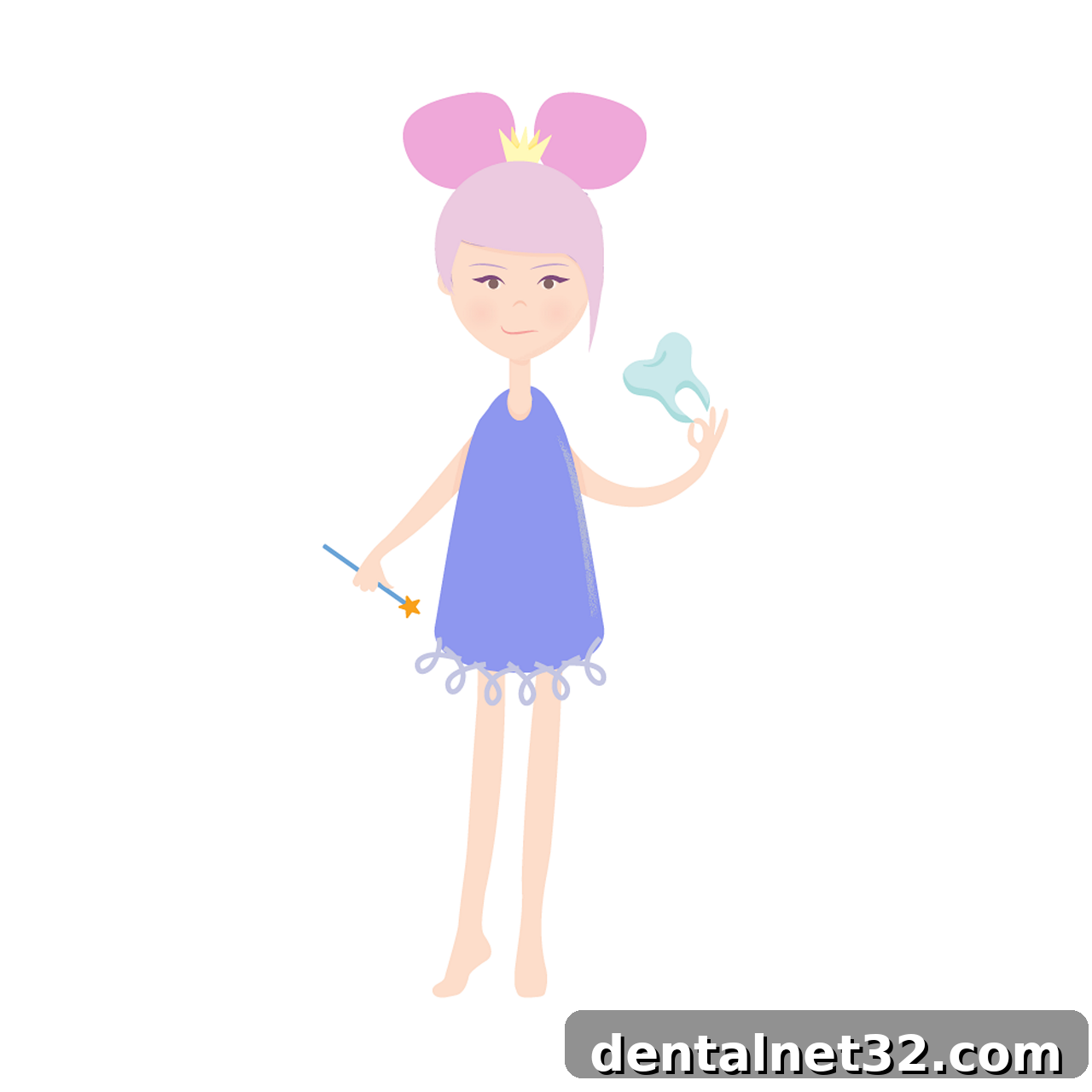 An artistic depiction of the Tooth Fairy flying near a child's pillow.