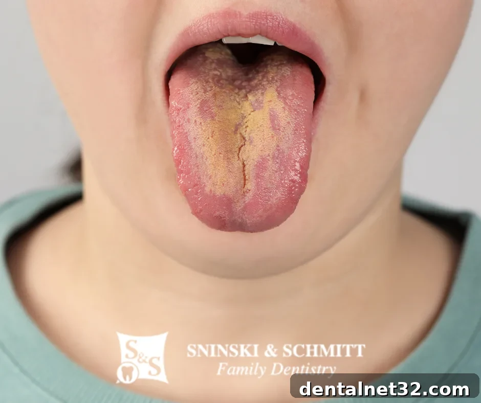 A person's tongue with a yellowish coating, representing a yellow tongue condition.